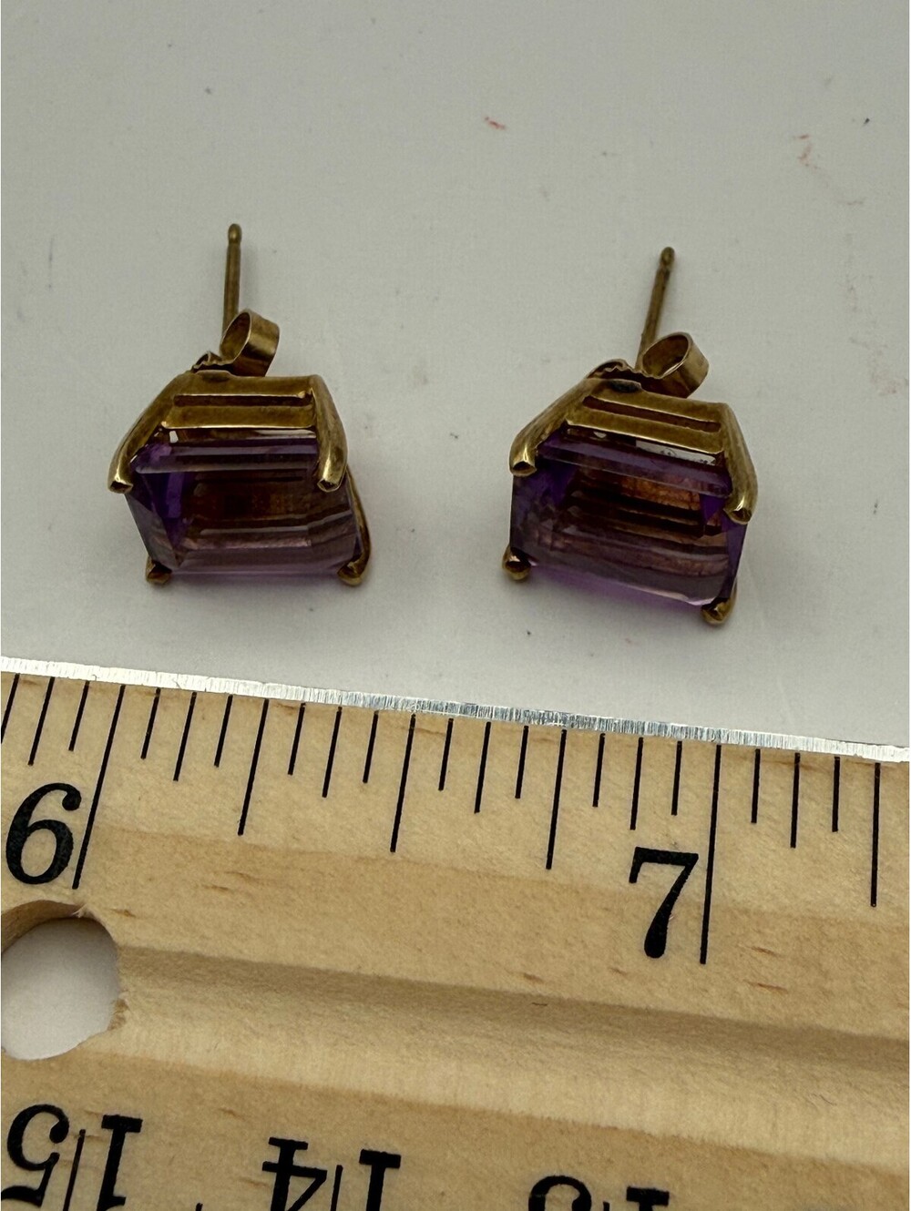 14K Gold Amethyst Emerald Cut Stud Earrings Estate Fine Jewelry